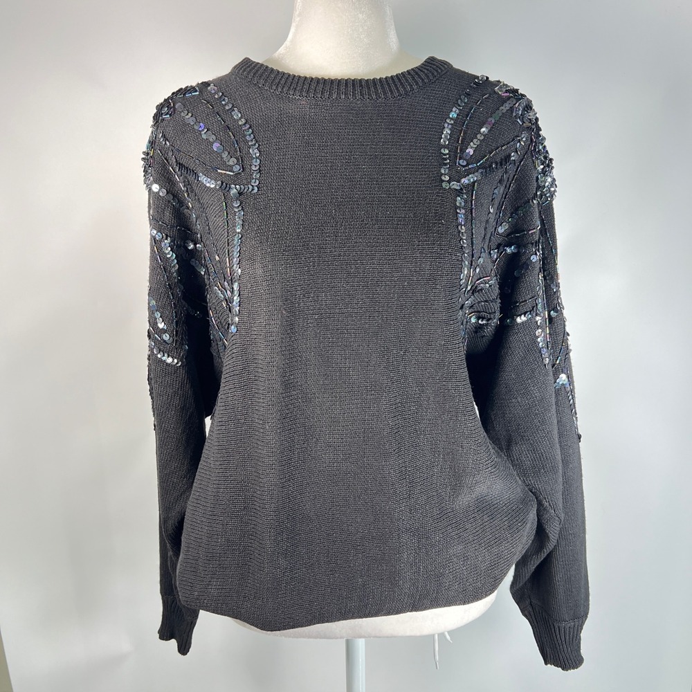 Sabree Vintage Black Sequin Beaded Butterfly Knit Sweater Ramie Cotton Medium